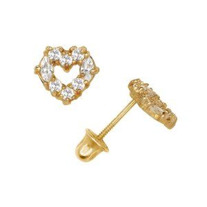 14K Solid Yellow Gold Heart Earrings Set With Cz And Marquise Shape Screw Backs